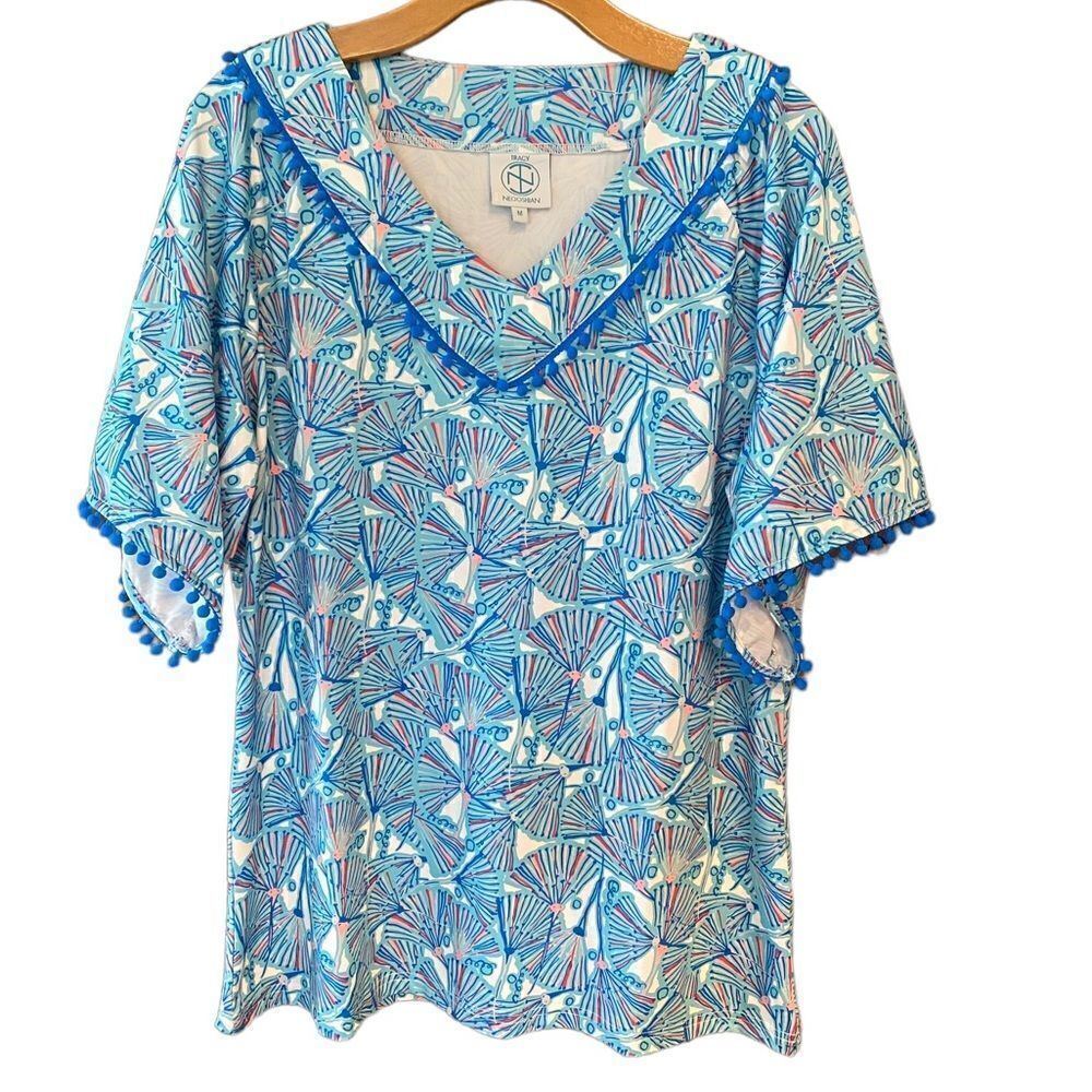 Tracy Negoshian Sz M Blue PomPom Beach Resort Vacation Relaxed Fit Top